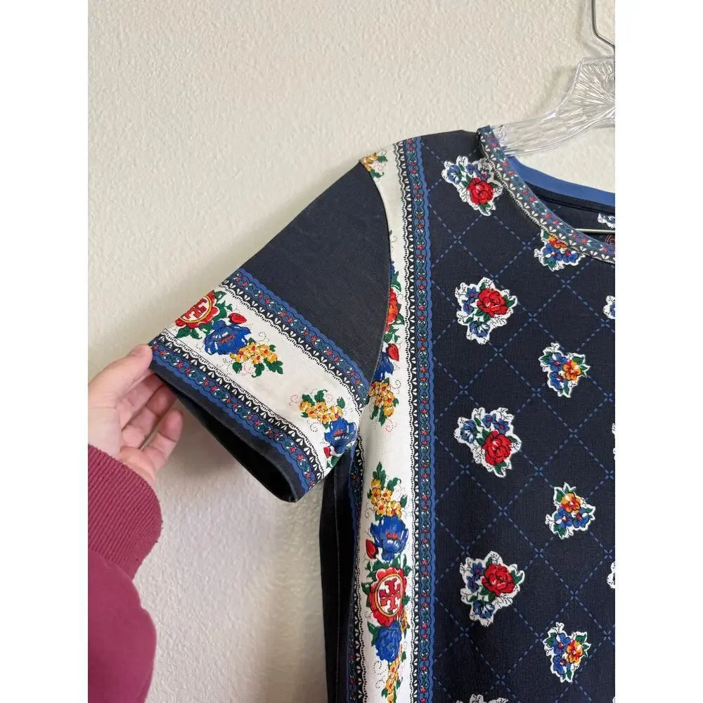 Tory Burch Printed Shirt Dress Navy Tea Rose Border Size Small